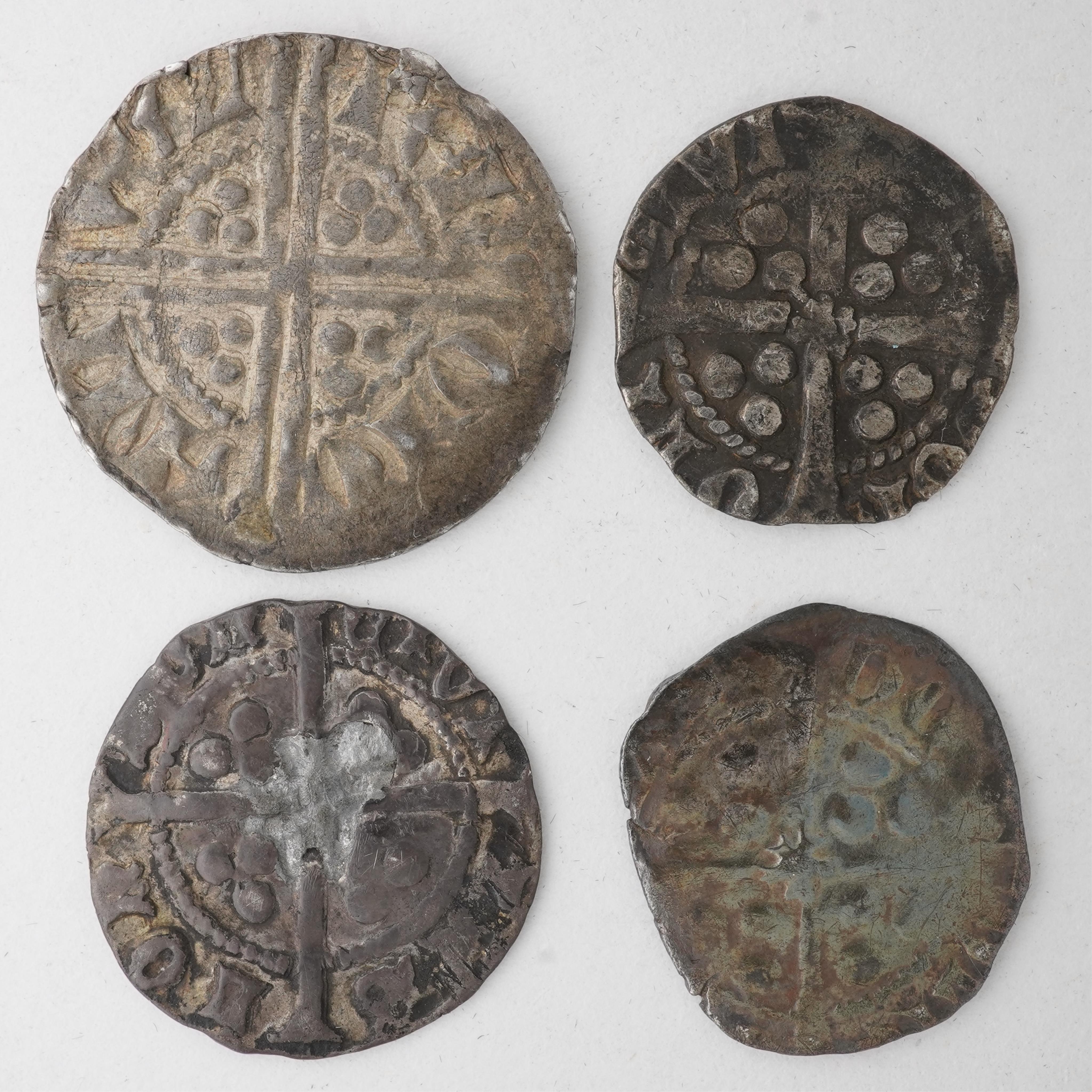 Four British hammered silver coins, Plantagenet kings, Houses of Lancaster and York, Henry III (1216-1272), Long Cross coinage, 1247-79, penny, 1.39g, Edward IV (1461-70), penny, mm. plain cross, 0.6g, Henry VI restored,